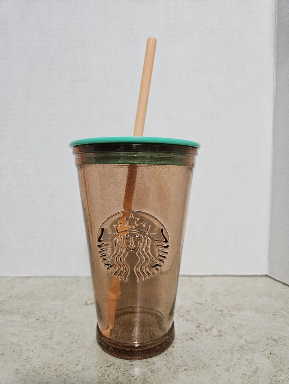 STARBUCKS Recycled Glass Cold-To-Go Cup Light Peach w/ Teal Green 16 oz Grande